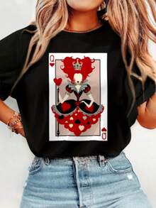 Camiseta Feminina de Gola Redonda Estampada com Rainha de Copas, Moda T-shirt Feminina com Estampa de Rainha de Copas, Camiseta Casual De Manga Curta, Promoção Blusinha Feminina, Conforto para Todas as Estações - Preto - Visão 1