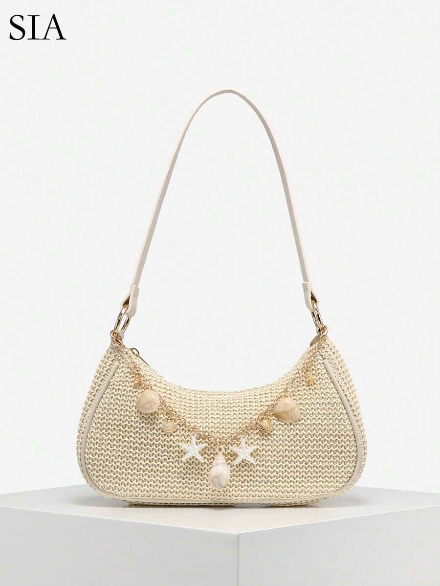 1 件女士复古度假海洋生物仿珍珠樱桃仿毛皮尾巴编织装饰单肩腋下法棍包，适合约会、郊游、度假