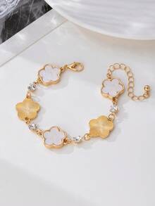 1 件奢华水钻装饰金色纹理白色四叶草吊坠手链女士款 - 白色 - 查看 2