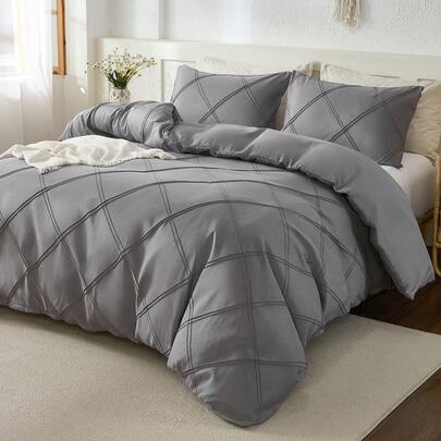 3 件套纯灰色格子褶皱羽绒被套（1 个羽绒被套 + 2 个枕套，无填充物），柔软、亲肤、轻盈、透气、农舍风格，适合卧室，四季皆宜，馈赠佳品