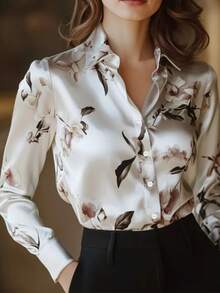 1 pieza Camisa de manga larga con botones y estampado floral, adecuada para citas, vacaciones, cumpleaños, fiestas, viajes, primavera/otoño