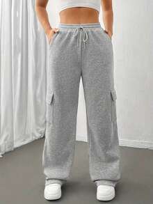 Warm Lined Plus Size Knitted Cargo Pants Drawstring Straight Leg With Pockets Long Length For Ultimate Comfort - Grey - View 1