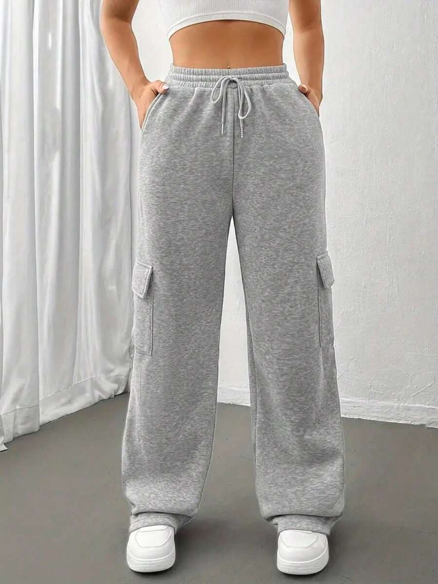 Warm Lined Plus Size Knitted Cargo Pants Drawstring Straight Leg With Pockets Long Length For Ultimate Comfort - Grey - View 1