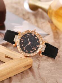 7 件套黑色星空数字石英表和 6 件幸运花项链手链戒指耳环配饰套装，母亲节、情人节、复活节礼物 - 黑色 - 查看 7