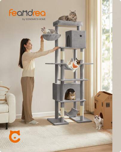  Feandrea XXL Cat Tower - 201 Cm Tall, 4 Scratching Posts, 2 Hammocks, 2 Cat Caves, Light Grey