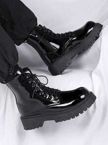 Fashionable Glossy High-Top Men's Ankle Boots, Thick Sole, Anti-Slip, Retro Workwear Boots, Round Toe, Suitable For Outdoor In Winter