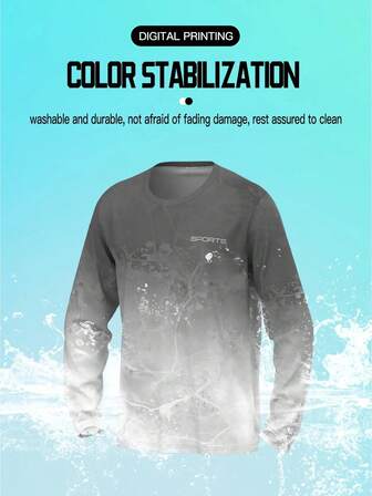 男士长袖户外运动防晒衣，3D数码印花，速干透气，钓鱼徒步跑步健身高性能上衣，100%涤纶，圆领，针织面料