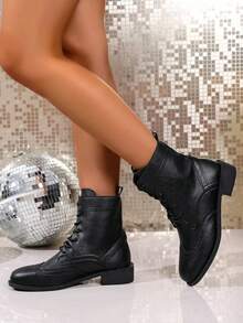 1 par de botas de tobillo de metal elegantes y a juego para mujer, diseño de tacón grueso cómodo, hasta la pantorrilla, cierre lateral con cremallera, adecuado para uso casual en otoño/invierno, botas Chelsea blanco