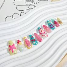 24Pcs Summer Pr On Nails Medium Square Fake Nails With Pearl Rhinestones Designs Gold Starfish Seashell Glue On Nails 3D Flower Acrylic Nails Beach False Nails French Tip Stick On Nails For Women - Móng tay đại dương-13 - Xem 4