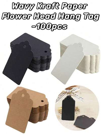 100±10pcs Wavy Kraft Paper Flower Gift Tags, Halloween Christmas Wedding Party Kraft Paper Gift Tags 5*3cm/2*1.2" Clothing DIY Tags (Black/White/Kraft)