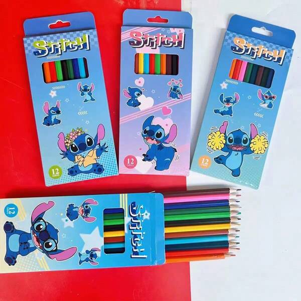 Disney 12pcs Disney Stitch Cartoon Colored Pencils, Colored Pencils, Drawing Pencils, Student Stationery Back To School Supplies