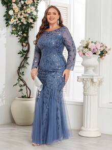 大码美人鱼刺绣花卉亮片礼服，优雅长袖正式晚宴婚礼宾客礼服，适合毕业典礼、晚宴、派对等各种场合，四季皆宜。 - 霧霾藍 - 查看 3