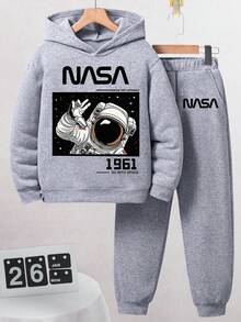 Tween Boy Letter Print Warm Hoodie And Sweatpants Set