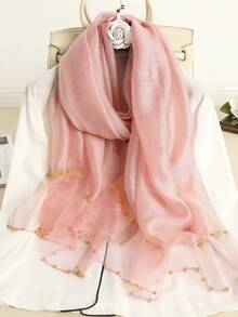 1pc Women Black Solid Faux Pearl Beaded Mulberry Silk & Wool Blend Warm Shawl, Elegant Pearl Double Row Scarf Suitable For Men/Women, Spring/Summer Travel Sun Protection, Autumn/Winter Warm Shawl Decor Accessory, Gift For Friends And Family - Black - View 7