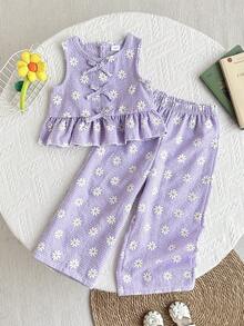 2pcs Girls Daisy Print Blue Plaid Top And Pants Set, Summer