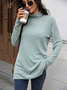 Damska luźna koszulka z długim rękawem i wysokim kołnierzem, z rozcięciem z boku, idealna do dojazdów do pracy i na wycieczki, modna bluzka na wiosnę/jesień 2025