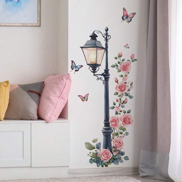 1 ST Rozenstraatlantaarn en Vlinder Muursticker, Geschikt voor Keuken, Eetkamer en Andere Wanddecoraties, Verwijderbare Vinyl Muursticker, Huisdecoratie, Kamer Decoratieve Sticker