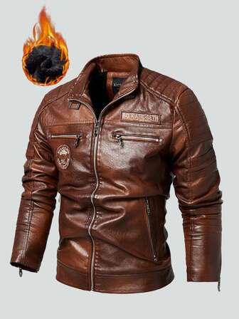 Herrjacka i fleece i PU-läder för vinterbruk, enfärgad läderjacka med ståkrage och pilotmärke med dragkedja.