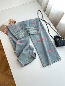 Długie jeansy z szerokimi nogawkami dla kobiet, jasnoniebieskie, z różowymi haftowanymi literami, swobodny, uroczy styl, nieelastyczne, zapinane na guziki i zamek błyskawiczny, kieszenie