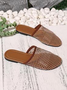 Women's Flat Sandals With Hollow Rhinestones, 2025 New Summer Fishnet Beach Vacation Non-Slip Slip-On Sandals, Black & Apricot, Plus Size, Fashionable, Elegant, Glamorous For Music Festival, Punk, Stylish, Sexy