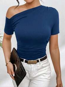 Supex Mesh T-Shirt Blouse With Asymmetrical Short Sleeves For Summer, Ideal For Casual, Comfortable And Elegant Use - 藏蓝色 - 查看 1