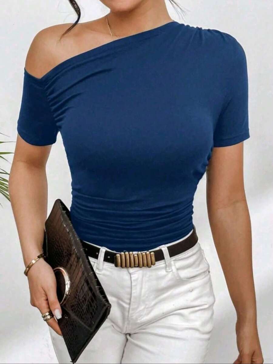 Supex Mesh T-Shirt Blouse With Asymmetrical Short Sleeves For Summer, Ideal For Casual, Comfortable And Elegant Use - 藏蓝色 - 查看 1