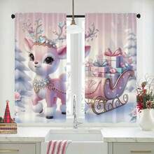 2pcs Modern Jacquard Polyester Curtain, Pink Reindeer Christmas Theme, Thermal Rod Pocket Window Curtain, Suitable For Bedroom And Living Room, Machine Washable, Including Holiday Home Decor Lining Christmas Decorations Christmas Decoration Christmas Decorations Home Room Decor - Multicolor - View 5