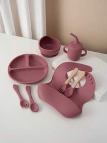 8PCS Print On Demand Custom Name Pattern Baby Silicone Tableware Set Personalized Customization Sucker Bowl Plate Leakproof Baby Cup Baby Bib Soft Spoons Forks,Halloween Edit,Back To School Fashion,Christmas Gift - Multicolor - View 13