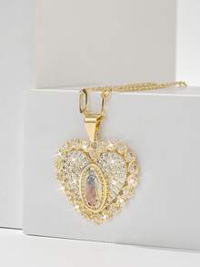 1 pièce Pendentif Collier Vierge Marie Cœur Sacré en cuivre plaqué or 14 carats avec cubique zircone gravé en 3 couleurs, boîte cadeau de bénédiction, convient pour mère/couple/meilleure amie/être cher, à porter au quotidien et pour les fêtes (Saint-Valentin, Fête des Mères, Cadeau)