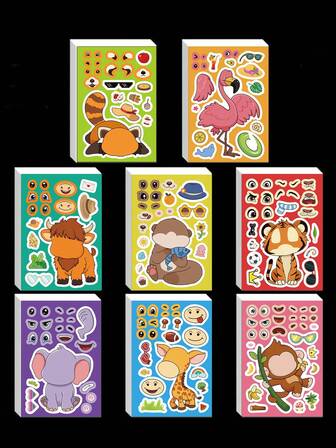 8pcs Cute Animal Face Swap Collage Cartoon Animal Mix And Match Sticker Pattern Single Use For Guitar Skateboard Organizer Backpack Water Bottle Helmet Decoration Perfect For Party Supplies