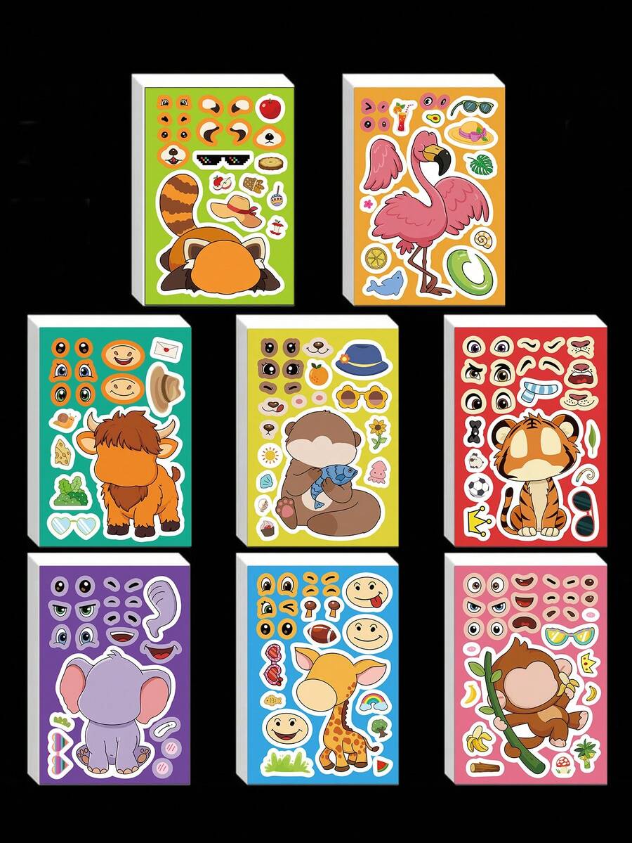 8pcs Cute Animal Face Swap Collage Cartoon Animal Mix And Match Sticker Pattern Single Use For Guitar Skateboard Organizer Backpack Water Bottle Helmet Decoration Perfect For Party Supplies - Multicolor - View 1