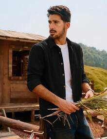 Men's Corduroy Shirts Casual Button Down Shirt Jacket Lightweight Shackethalloween - 黑色 - 查看 10