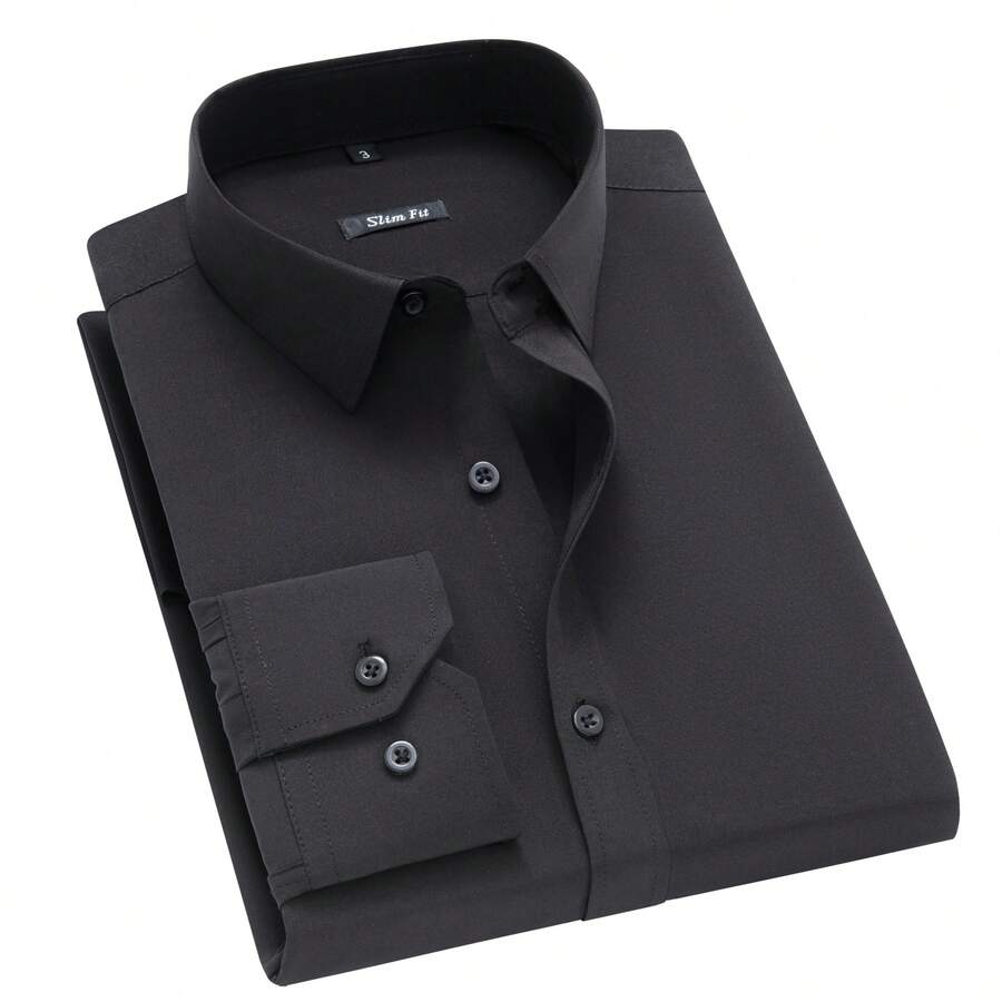 Men's Long Sleeve Dress Shirt, Good Quality, Slim Fit, Microelasticity - màu đen - Xem 1