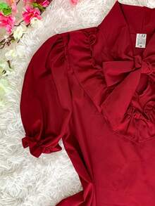 SHORT SLEEVE PUFFED DRESS TOP WITH RUFFLE AND BOW, WOMEN'S FASHION - Burgundy - View 2
