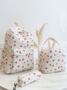 New Youth Schoolbag Corduroy Cherry Print Elementary Middle High School Student Laptop Backpack