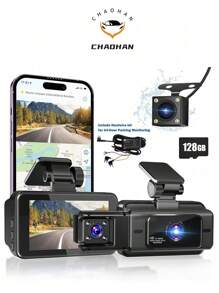 三通道行车记录仪，前后双录，1080P全高清，配备128GB SD卡，3英寸IPS屏幕，夜视功能，170°广角，WDR宽动态范围，24小时停车监控，150mAh电池