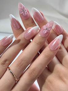 10片法式美甲贴纸，杏仁形，光泽保湿，带闪光粉，3D立体花卉装饰，简约精致，适合女孩日常及约会美甲，附赠果冻胶和指甲锉。 - 粉色 - 查看 5