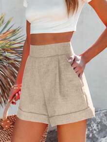 Women High Waisted Wide Leg Bermuda Shorts Summer Casual Lightweight Workwear With Pockets - Màu Khaki - Xem 2