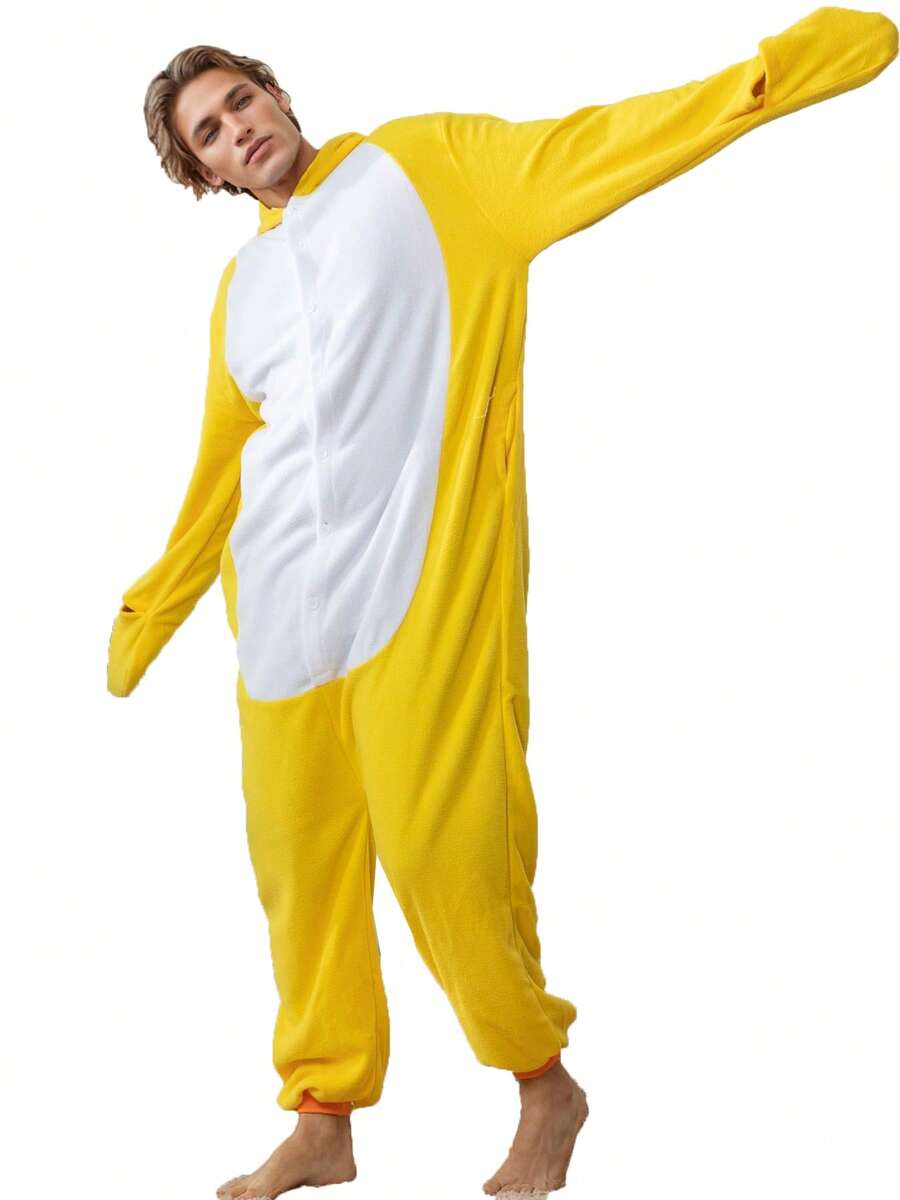 Adult Men's Duck Velvet Cartoon One-Piece Pajamas, Autumn And Winter Thickened Animal One-Piece Pajamas, Hooded Velvet Warm Home Clothes, Halloween Costumes, Christmas Role-Play Party Costumes - Yellow - View 1
