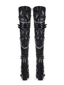 Women's Thick Sole Chunky Heel Lace-Up Rivet Decor Over-The-Knee Boots, Suitable For Daily Shopping And Winter Gatherings