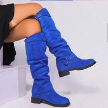 These Versatile Women's Chunky-Heeled Knee-High Boots Feature A Wide Leg And A Bonded Design. The Solid Color And European/American Style Are Accented With A Retro-Inspired Pleated Pointed Toe, Exuding A Fashionable Vibe. - Màu xanh lam - Xem 4