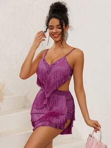 NIKBK Mono de mujer decorado con rhinestones, escote en V profundo, estilo halter, abertura en la cintura, decoración con rhinestones, vestido corto ajustado para fiesta y club - Morado - Ver 5
