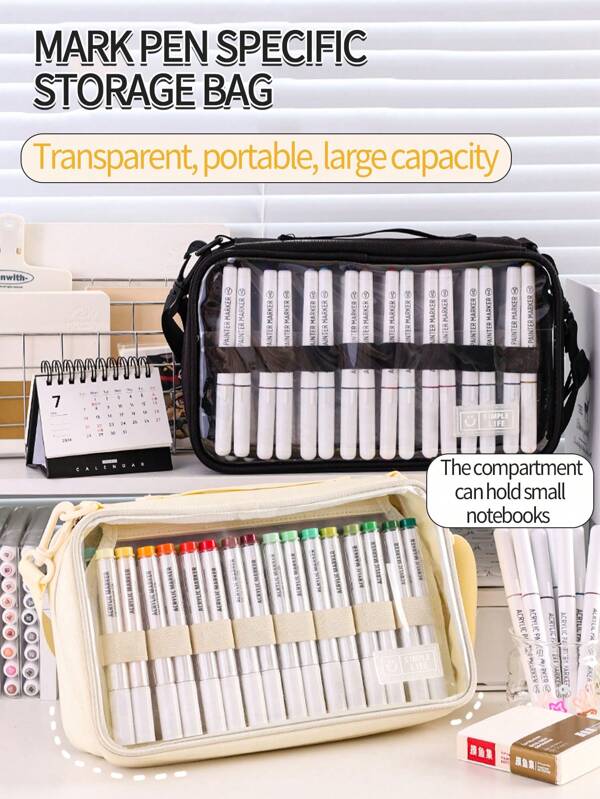 1pc Transparent Multi-Layer Marker Pen Storage Bag, Large Capacity Student Stationery Organizer, Versatile Shoulder Bag For Art Students, Lightweight