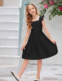 Girls' Summer Dress - Square Neck & Ruffle Sleeve A-Line Swing Dress| Tie-Back Midi Casual Dress With Pockets| Lightweight & Breezy Outfit - 黑色 - 查看 4