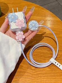 5pcs/Set Morning Glory Flower Protective Case Compatible With Apple Watch S9 Data Cable, Charger Adapter Protective Case Compatible With Apple Watch S8/7/SE/Ultra, 20W Charger Adapter Protective Case, US Plug Nan Charger Protector Charger Case Phone Accessories - Multicolor - View 7