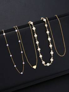 4pcs Fashionable Minimalist Elegant Faux Pearl Heart Shaped Y-Necklace Multi-Layer Necklace, Suitable For Women's Vacation, Date, Party, Gift, Daily Wear - Yellow Gold - View 5