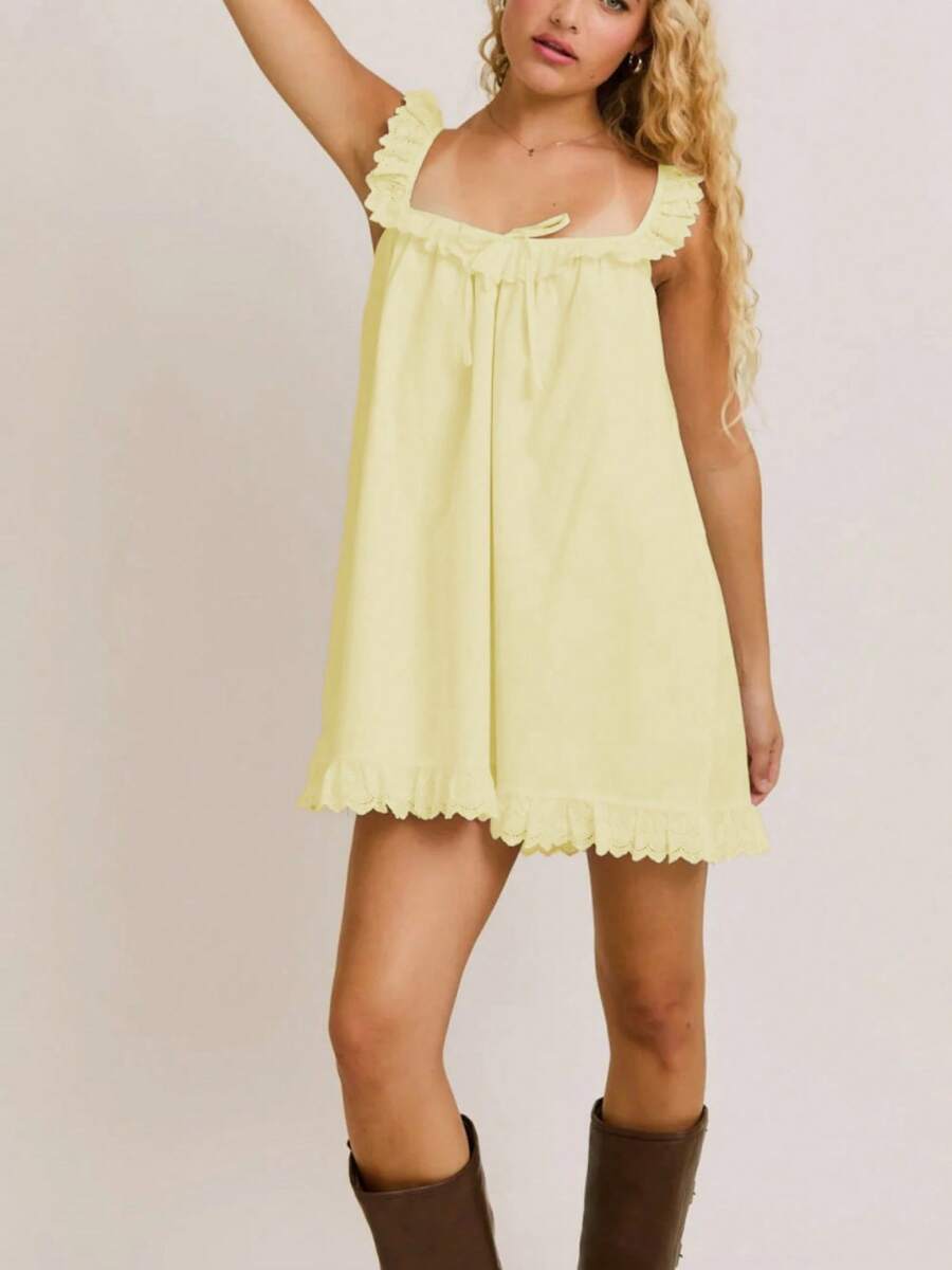 Vestido de verano para mujer sin mangas, con cuello cuadrado, lazo delantero, sólido, suelto, corto, estilo línea A, mini vestido de muñeca - Amarillo - Ver 1