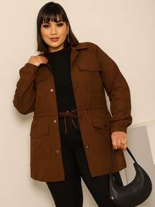 WOMEN'S PLUS SIZE BENGALINE JACKET PLUS SIZE WINTER OVERCOAT WITH CINCHED DRAW CUFF PARKA COAT MODEL - Rust Brown - View 1