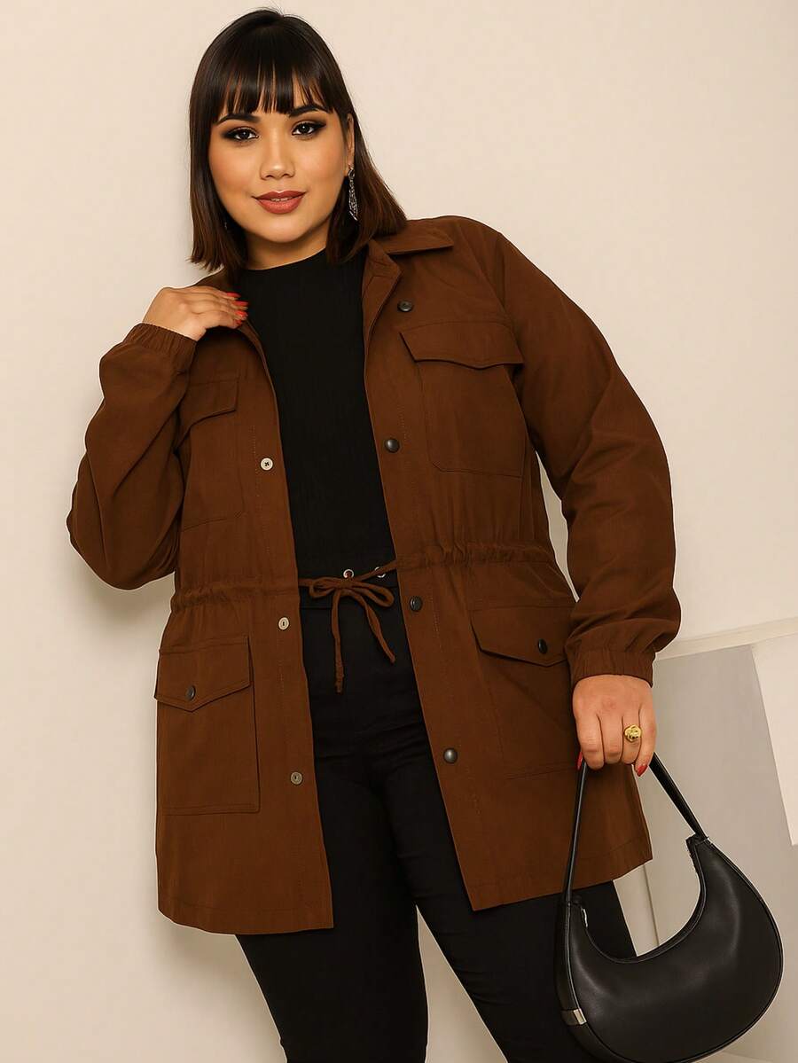 WOMEN'S PLUS SIZE BENGALINE JACKET PLUS SIZE WINTER OVERCOAT WITH CINCHED DRAW CUFF PARKA COAT MODEL - Rust Brown - View 1