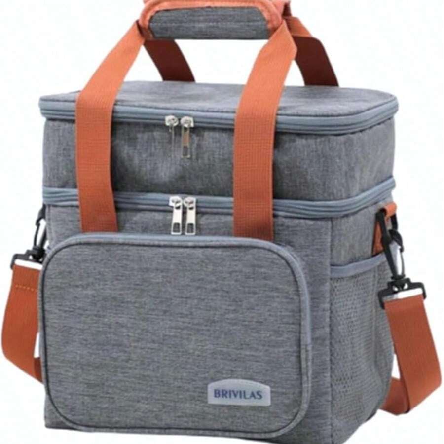 Large Shoulder Strap Insulated Lunch Box With Zipper, Double-Deck For Travel, Camping, Hiking, Cycling, Outdoor Activities - Xám - Xem 1